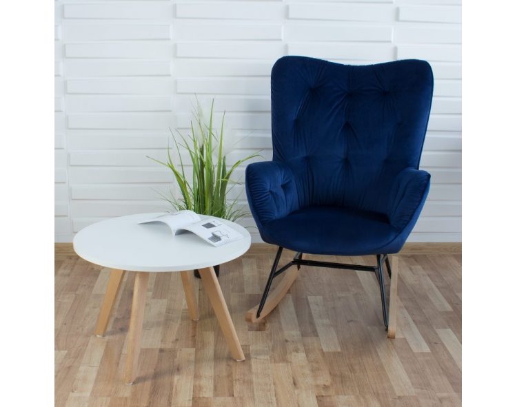 Wing armchair on wooden rocking legs, nursing cradle, dark blue velor