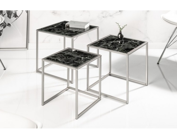 INVICTA set of 3 ELEMENTS tables, black glass - marble imitation