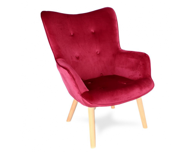 A velvet armchair with wooden beech legs, a Scandinavian dark pink armchair for the living room