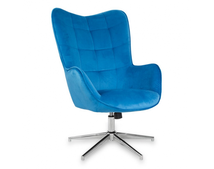 Scandinavian modern blue swivel armchair on a chrome-plated metal leg