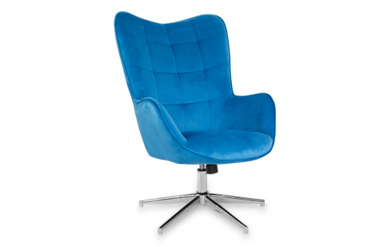 Scandinavian modern blue swivel armchair on a chrome-plated metal leg